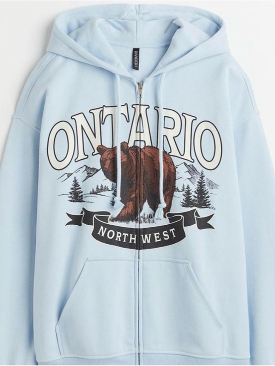 H&M Tops - H&M Light Blue Ontario Bear Graphic Zip Hoodie Size Large NWT